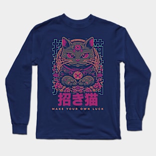 Make Your Own Luck // Vibrant Japanese Lucky Cat Illustration // Maneki Neko C Long Sleeve T-Shirt